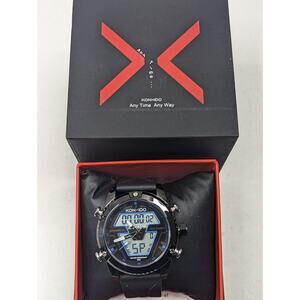 KONXIDO Mens Black Blue Leather Band Analog Quartz Watch with Digital KO6368